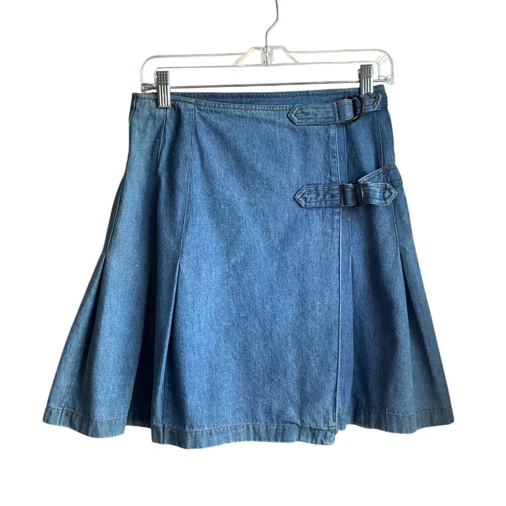 VTG Y2K My Weekend Clothes Pleated Mini Denim Wrap Skirt Buckle Grunge